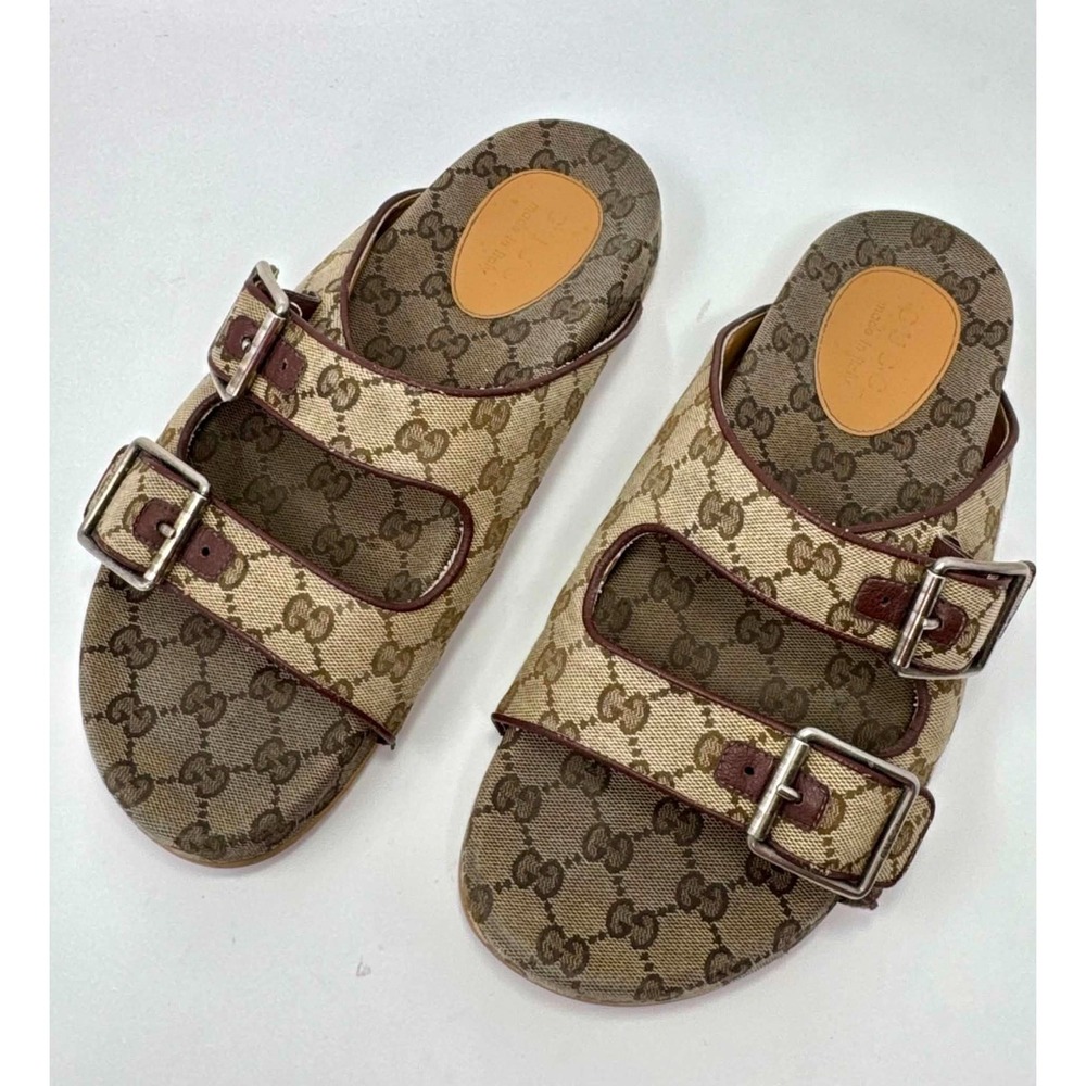 Gucci GG Canvas Lavaredo Double Buckle Slide Sandals Beige Men's Size 9 658020